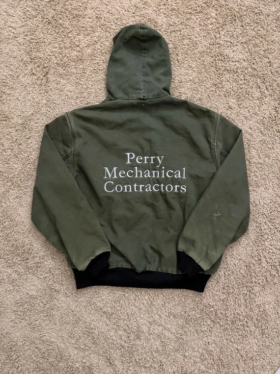 Vintage Carhartt JR104 Sz L Hooded Olive Green Canvas Jacket Thermal Lined Mens - Picture 4 of 7